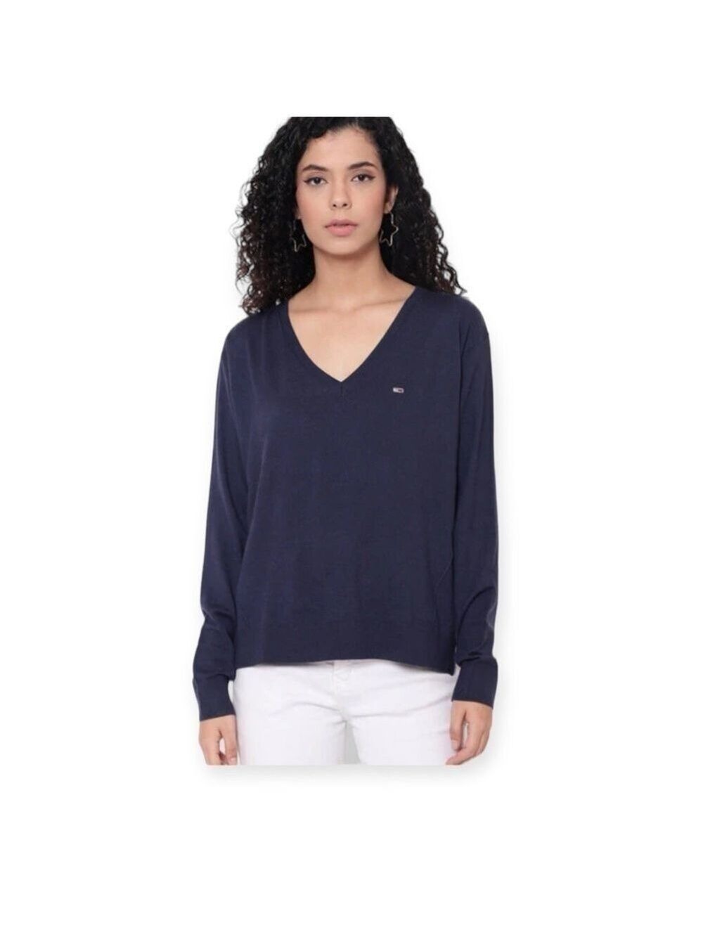Tommy Hilfiger Women’s V Neck Navy Blue Solid Pima Cotton Blend Sweater Size XL